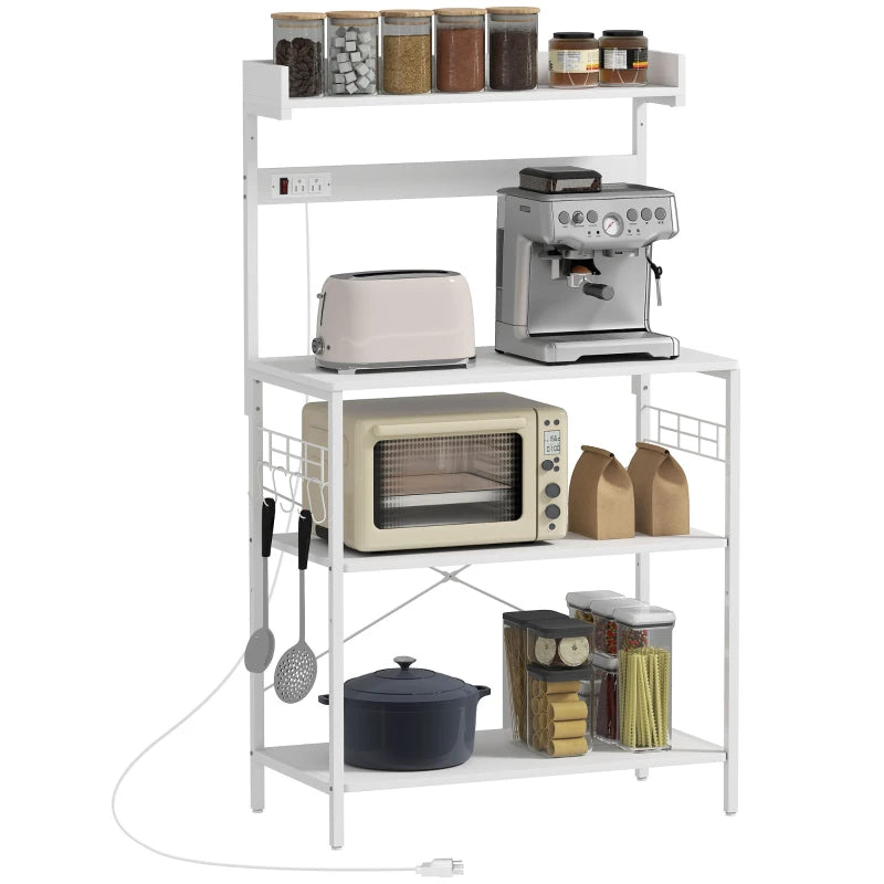 Kitchen Baker's Rack with Power Outlet, Coffee Bar Station with Adjustable Shelves and Hooks, Distressed White