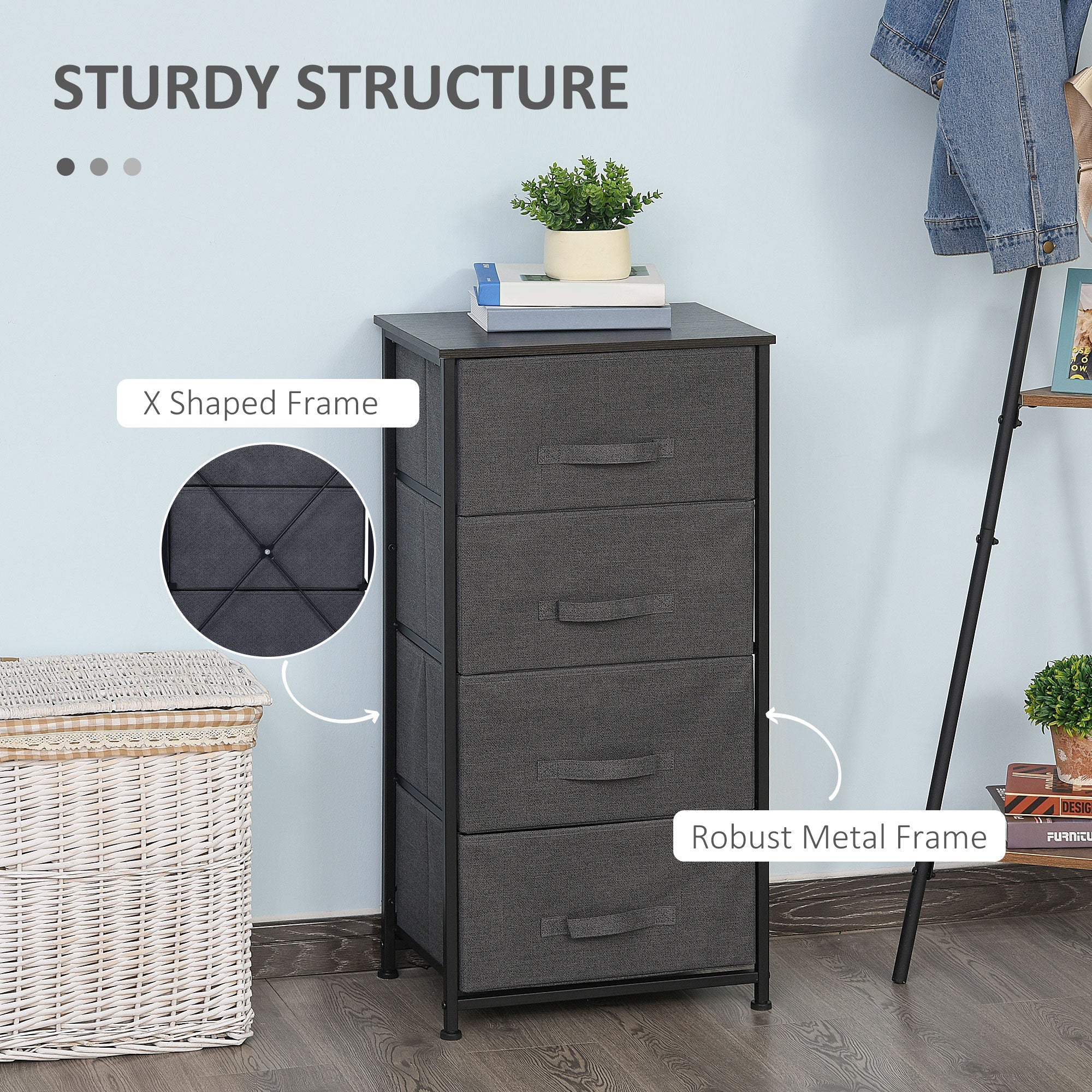HOMCOM 4-Drawer Linen Storage Tower: Removable Fabric Drawers, Metal Frame, Adjustable Feet, Black 