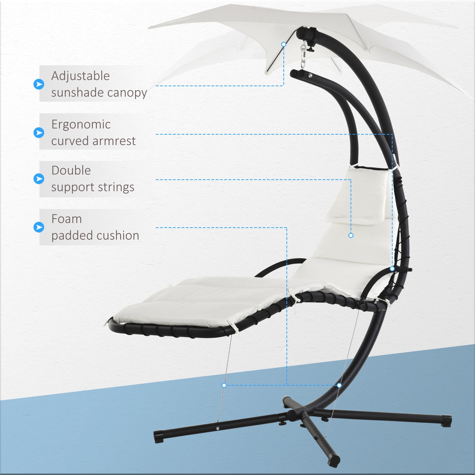Outsunny Cream White Floating Chaise Lounge: Outdoor Hanging Hammock Swing Chair with Arc Stand & Canopy for Patio, Porch 