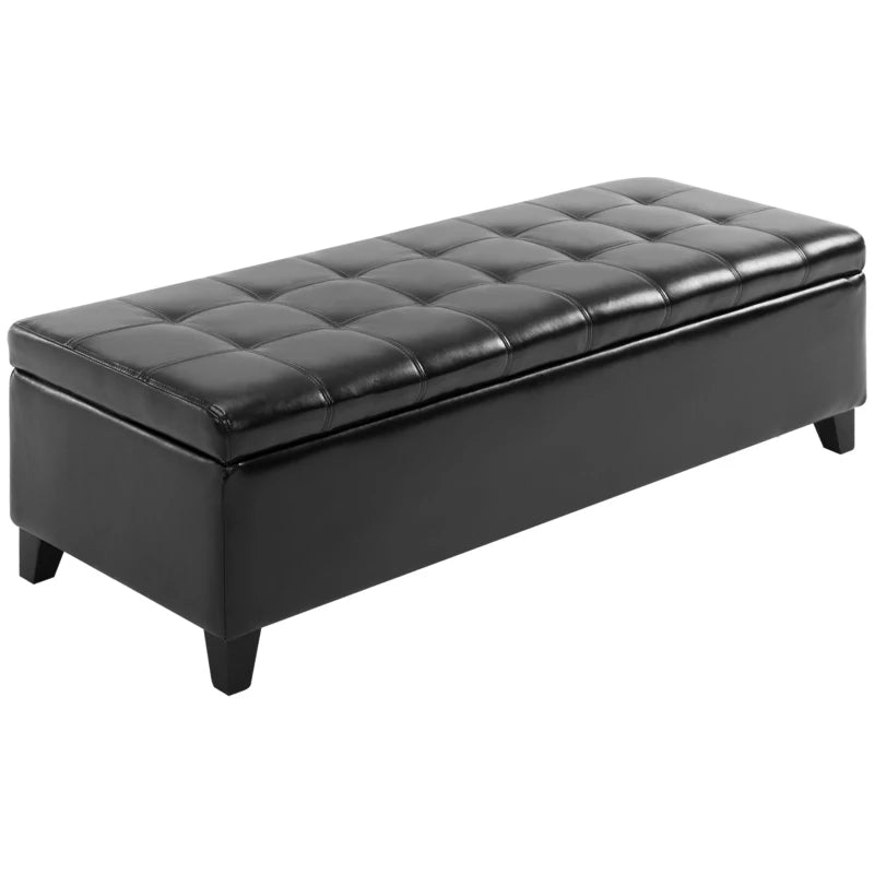 Storage Ottoman Bench, Foot Rest with Solid Wood Legs, 51 Inches PU Leather Storage Chest for Living Room, Black