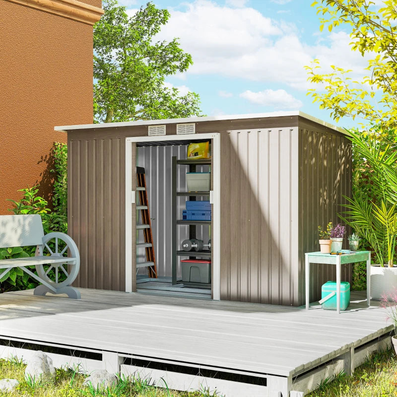 9' x 4' Garden Metal Storage Shed Outdoor Equipment Tool Box with Foundation Kit, Ventilation & Doors, Light Grey