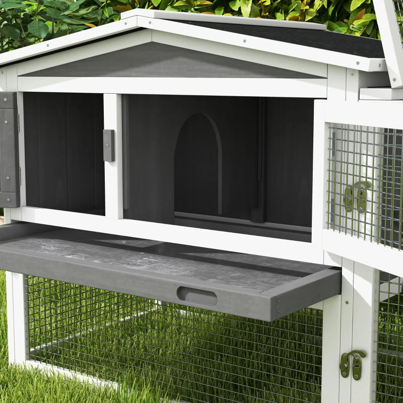 Wooden Rabbit Hutch Guinea Pig House with Removable Tray, Openable Roof, Trough, Run for Tortoises and Ferrets, Grey