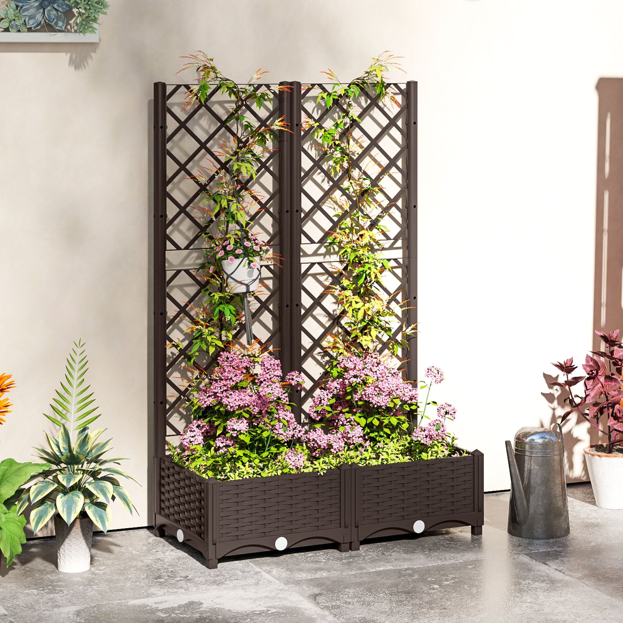 Outsunny Raised Garden Bed with Trellis, Plastic Raised Flower Bed with Drainage Holes and Drain Plugs, 32" x 16" x 48" 