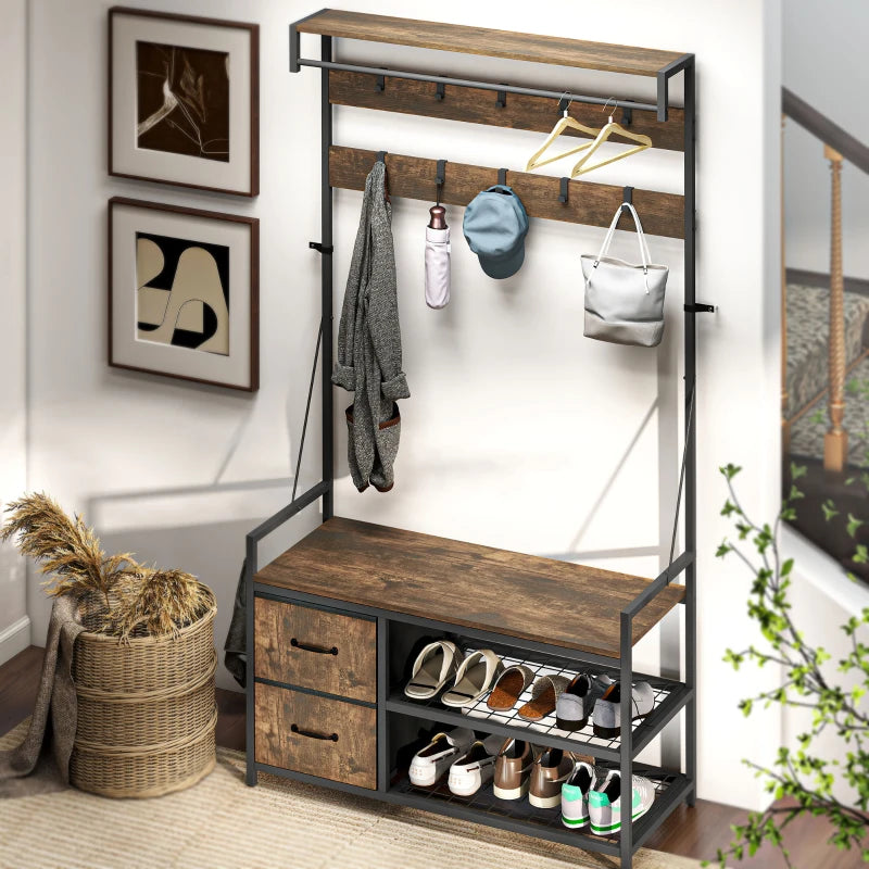 6-In-1 Hall Tree with Shoe Storage, Coat Rack Shoe Storage with 10 Hooks, 2 Fabric Drawers, Rustic Brown