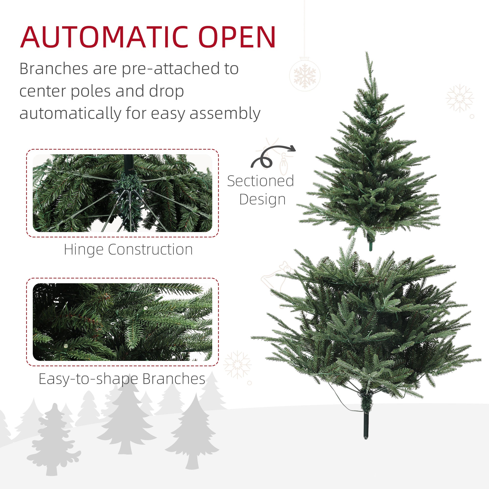 HOMCOM 5ft Prelit Artificial Christmas Tree with 542 Tips, Warm White LED Lights, Steel Base, Hinged Xmas Tree, Auto Open 