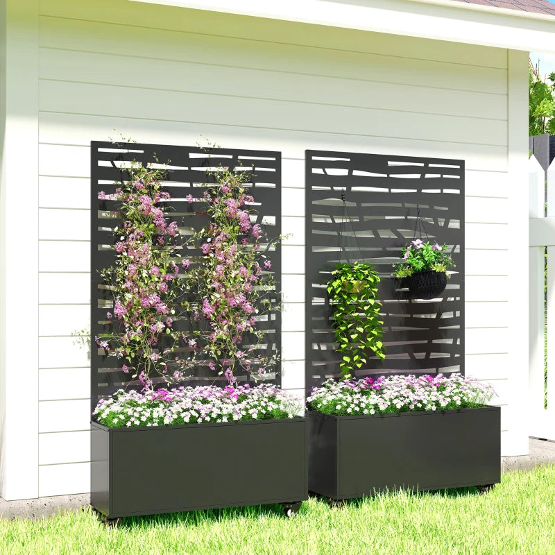 Metal Planter Box with Trellis, Raised Garden Bed with Twigs Slatted Cut-Out Privacy Screen and Wheels