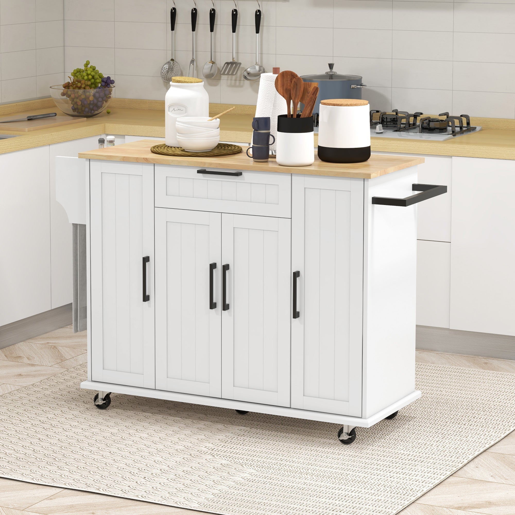 HOMCOM Modern Movable Meal Prep Station: Rolling Kitchen Island Cart, Drawers, Natural Wood Top, Towel Rack, Door Cabinet, White Finish 