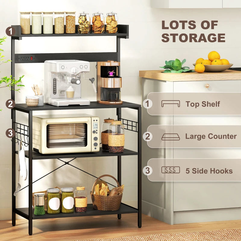 Kitchen Baker's Rack with Power Outlet, Coffee Bar Station with Adjustable Shelves and Hooks, Rustic Brown