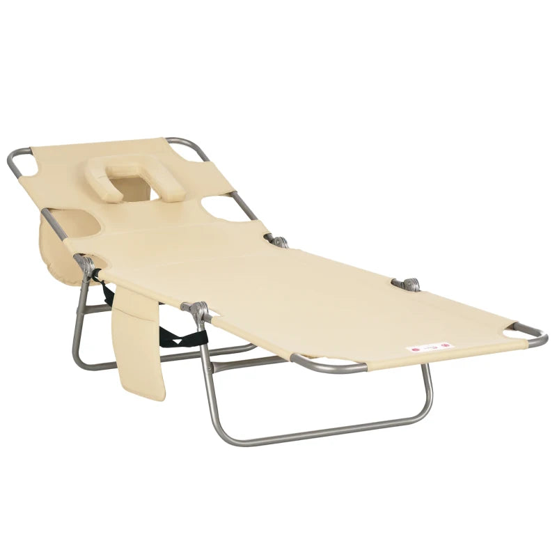 Folding Outdoor Lounge Chair, 5-Level Tanning Chair with Face Hole, Side Pocket, Carry Strap for Beach Pool, Beige