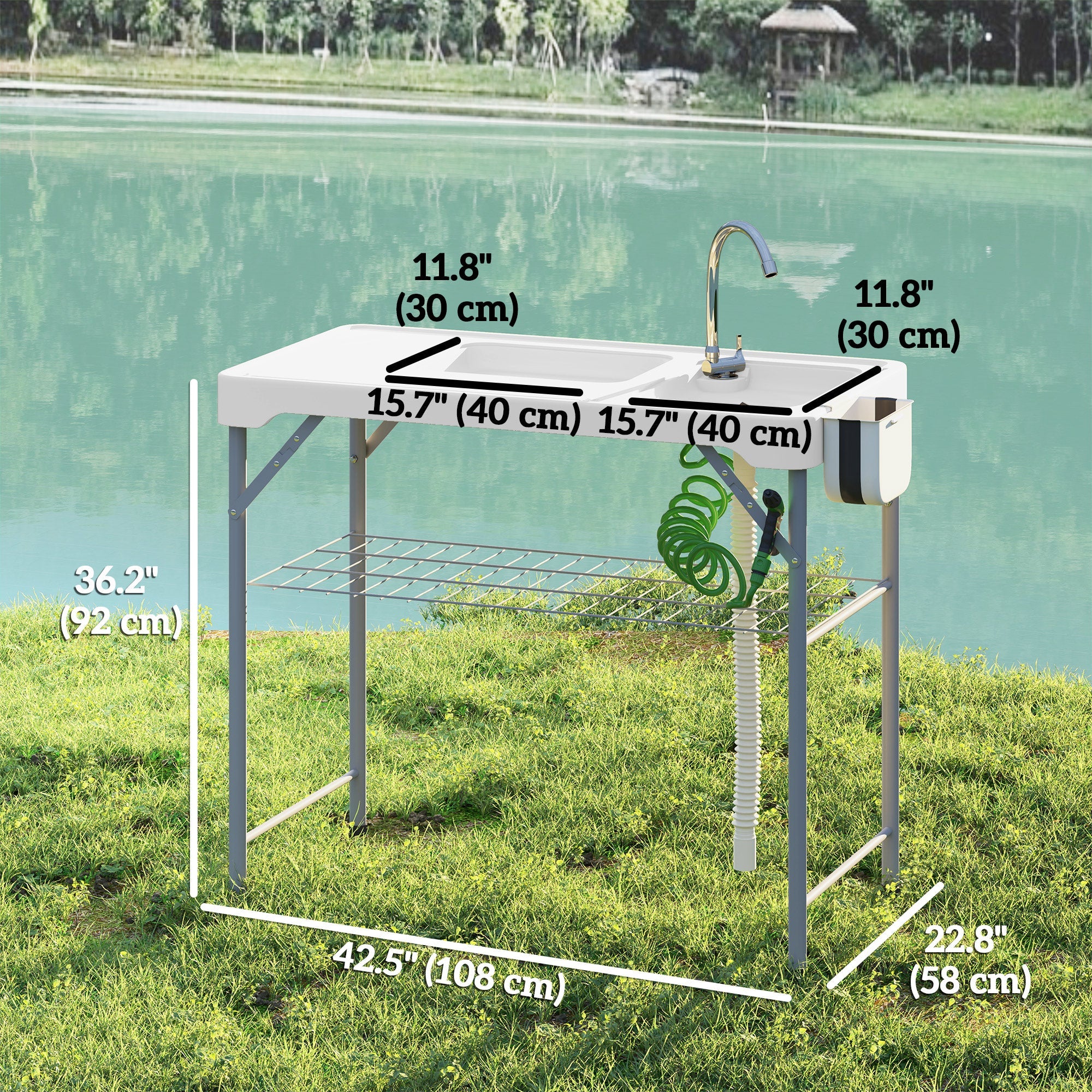 Outsunny Folding Fish Cleaning Table with Sinks, Camping Sink with Faucet Drainage Hose Sprayer Shelf Drawer Storage Basket, Outdoor Sink Station for Beach Patio Picnic, White 