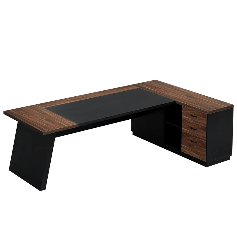Norvique 78.7-Inch L-Shaped Executive Desk with Drawers, File Cabinet & Storage Shelves, Walnut & Black