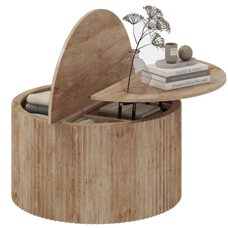 32" Round Lift-Top Coffee Table with Hidden Storage & Fluted Design – Natural Wood