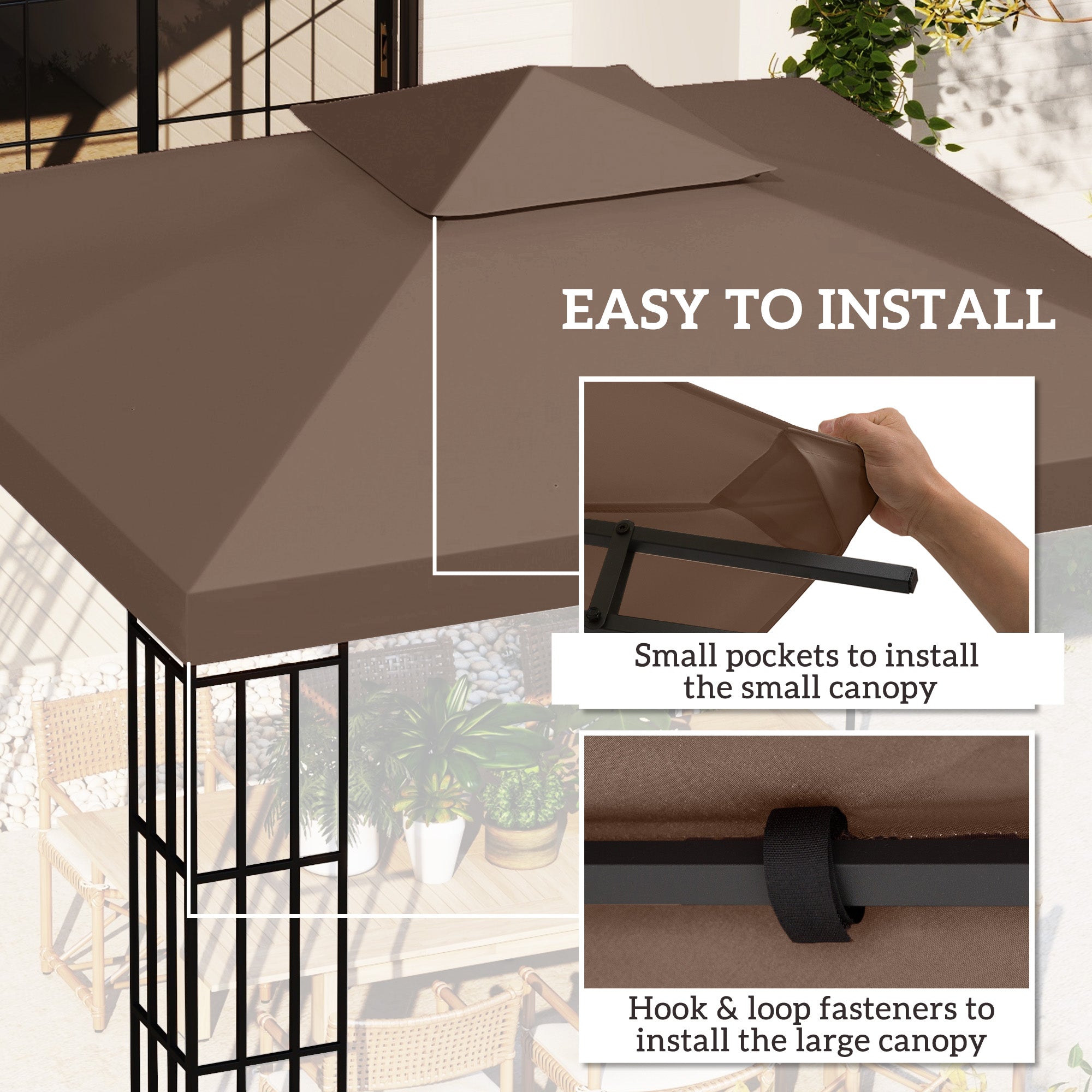 Outsunny 9.8' Square Coffee 2-Tier Gazebo Canopy Replacement - Durable Outdoor Garden Sun Shade Top Cover 