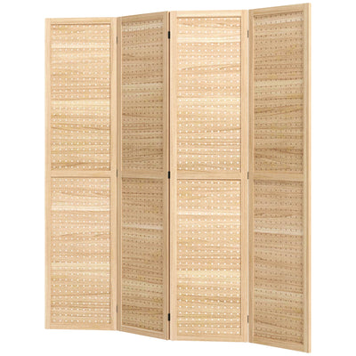 HOMCOM 4-Panel Room Divider: 5.6ft Tall Indoor Wood Portable Folding Privacy Screens with Hole Hooks, Natural 