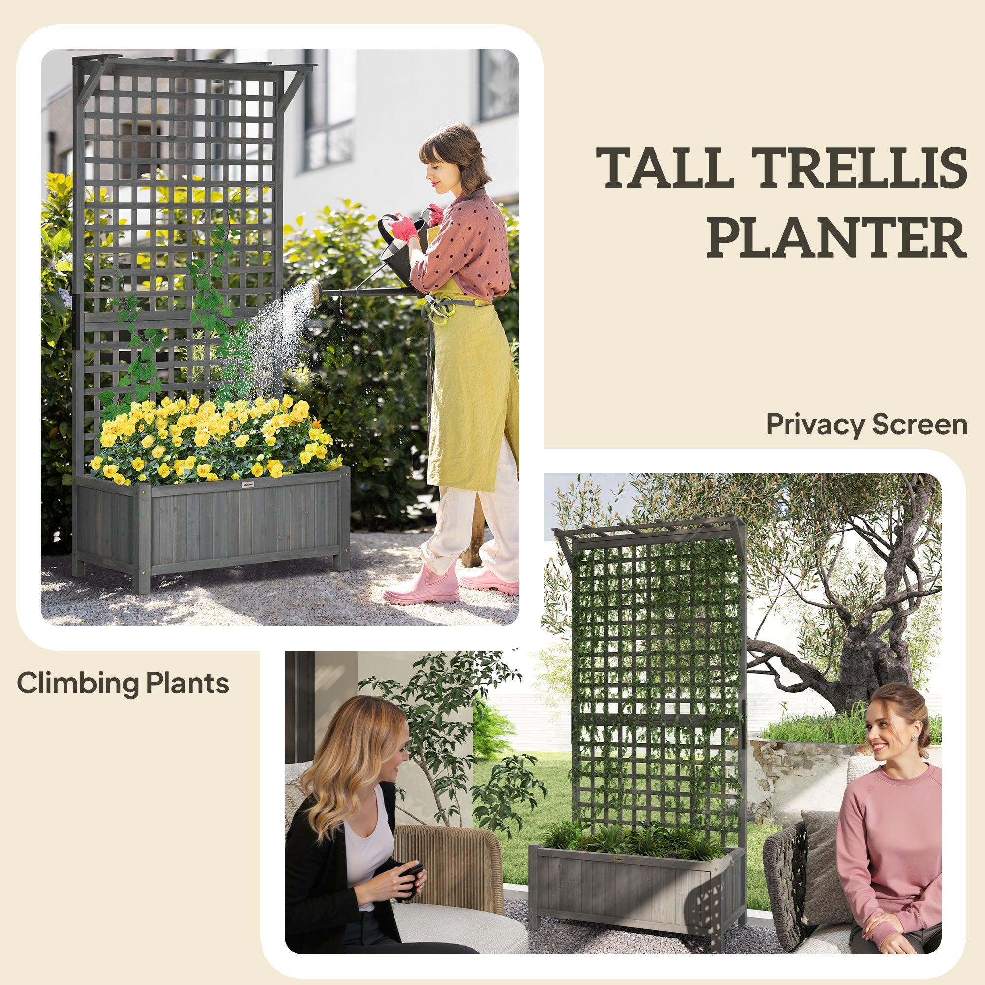 Outsunny Wooden Planter Box with Trellis for Vine Climbing, Raised Garden Bed, Privacy Screen for Backyard, Patio, Deck, Dark Grey 