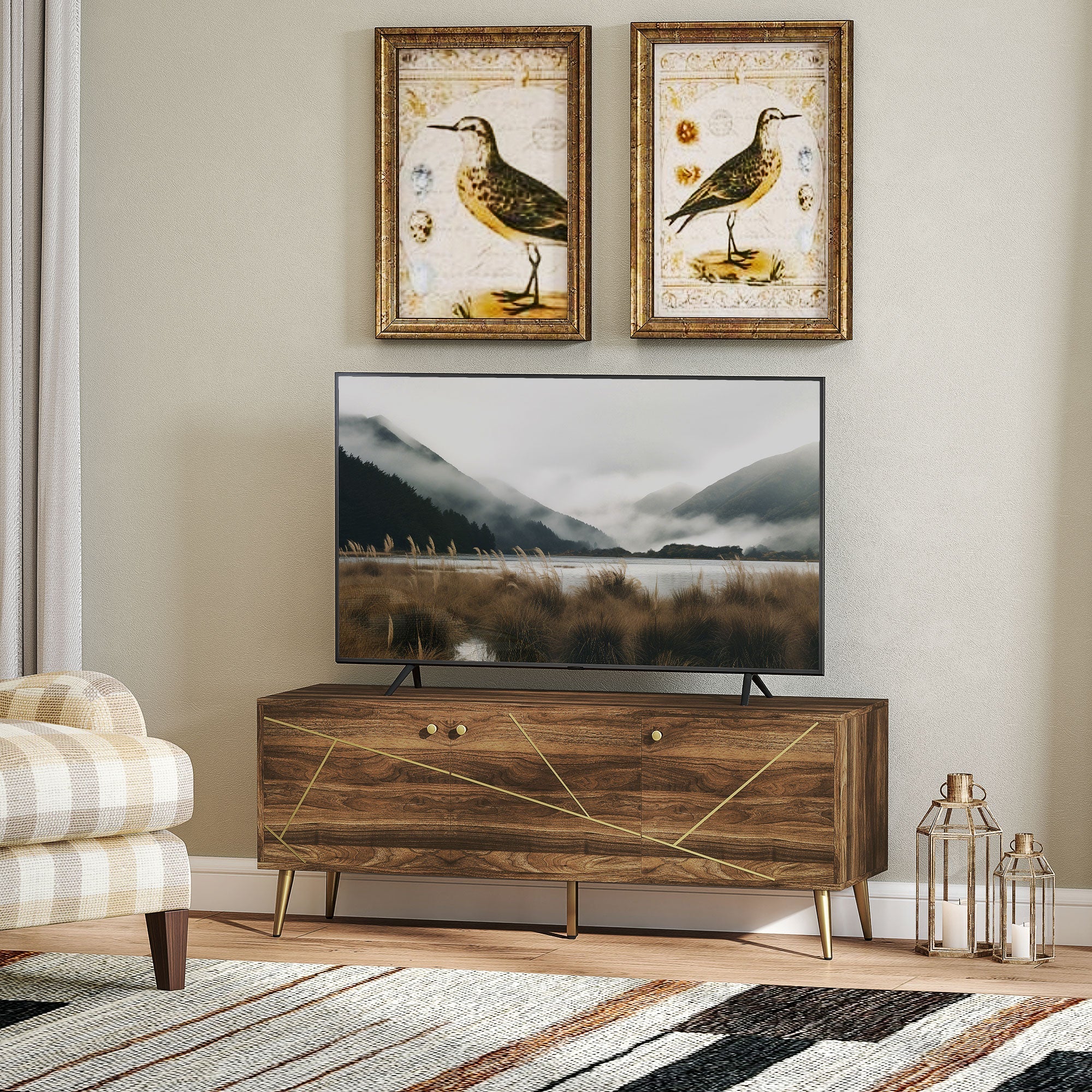 HOMCOM Modern TV Stand for up to 60" TV, TV Cabinet with Adjustable Shelves, Cable Management for Living Room, Rustic Brown 