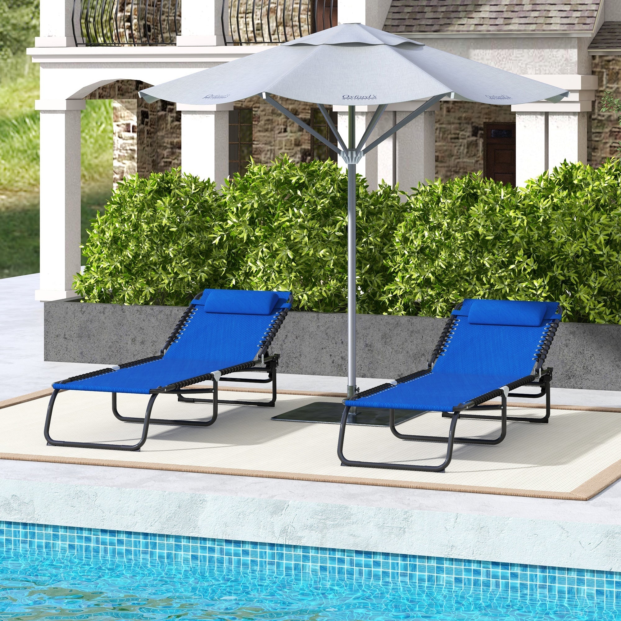Outsunny 2 PCs Folding Lounge Chairs, Adjustable Chaise Lounge with Headrest, Reclining Lounger Cot for Camping, Hiking, Blue 