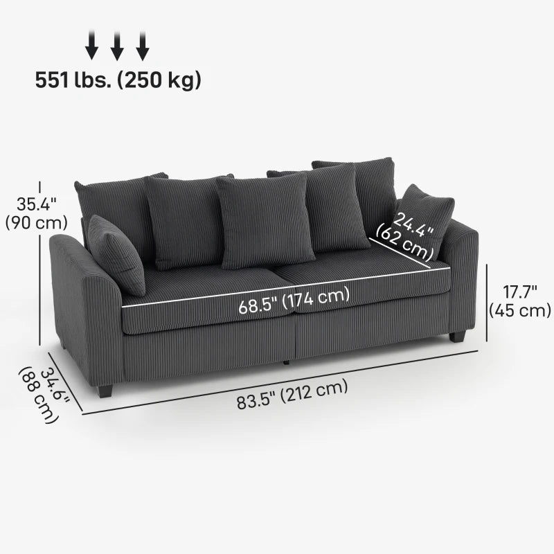 Corduroy Couch with 6 Back Cushions, 2 Pillows and Curved Armrests, Modern 3 Seater Sofa, Dark Grey
