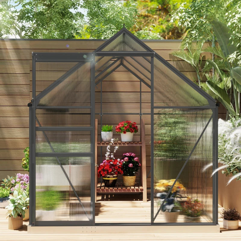 6' x 8' x 6.5' Polycarbonate Greenhouse, Walk-in Green House with Adjustable Roof Vent Galvanized Base Sliding Door Rain Gutter for Outdoor Garden Backyard, Charcoal Grey