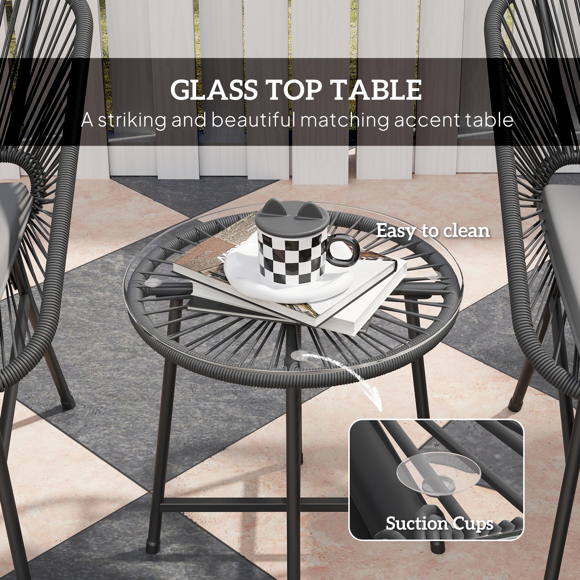 Outsunny 3 Piece Bistro Set, Wicker Outdoor Patio Furniture Set with Glass Top Table, Cushions for Balcony, Porch, Black 