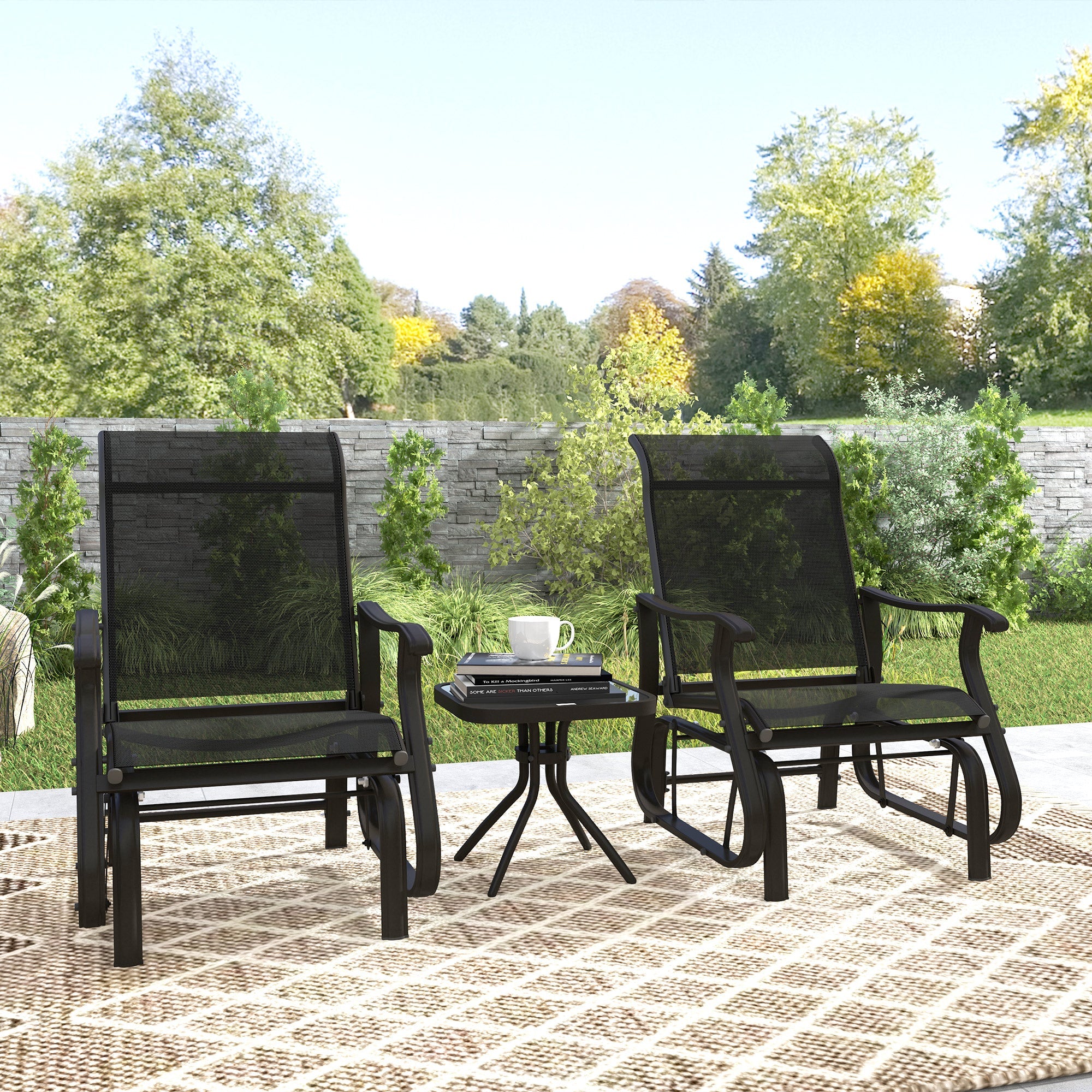 Outsunny 3PCs Gliding Rocking Chair & Bistro Tea Table Set, Black 