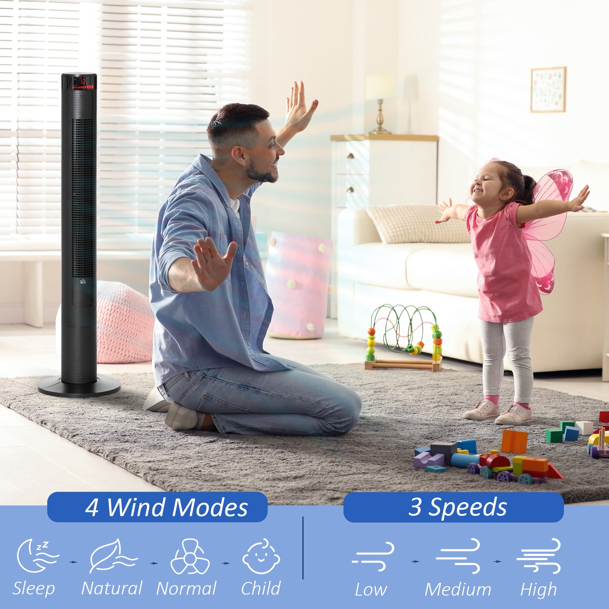 HOMCOM Tower Fan Freestanding Cooling 3 Speed Oscillating 12h Timer LED Remote Black for Home Bedroom 