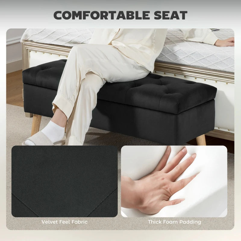 Storage Ottoman with Lid, Velvet Upholstered Storage Bench with Wood Legs for Living Room, Black