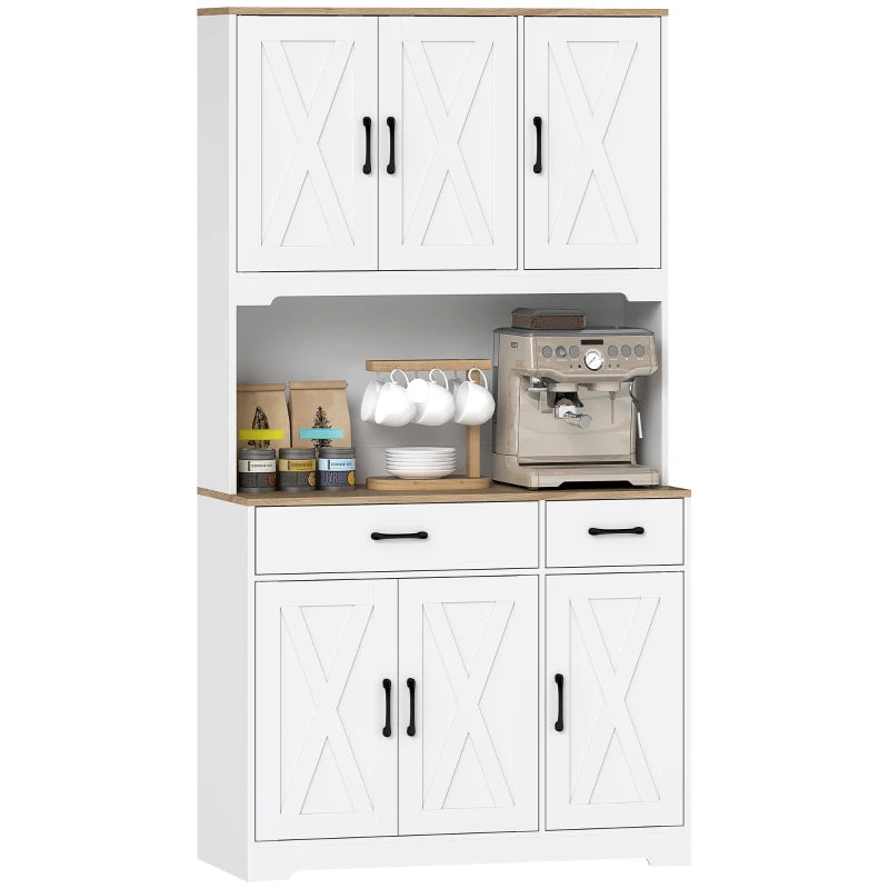 Tall Kitchen Pantry, 6 Doors, 2 Drawers, Adjustable Shelves & Worktop, Rustic Storage Cabinet for Living Room White