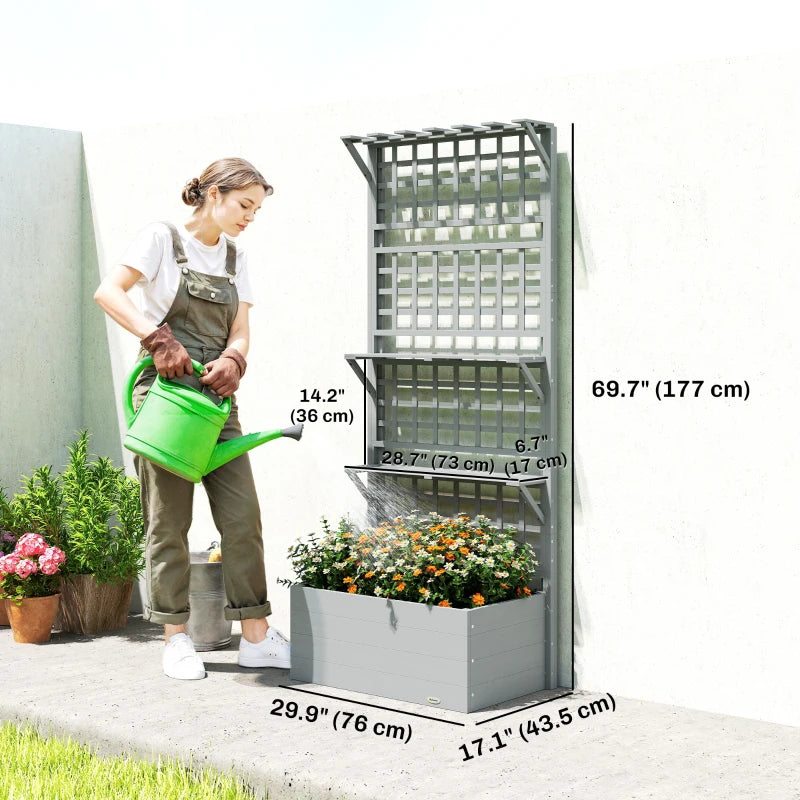 Wooden Raised Garden Bed with Trellis and Roof, Elevated Planter Box with 2 Shelves, Drainage Hole and Liner, Grey