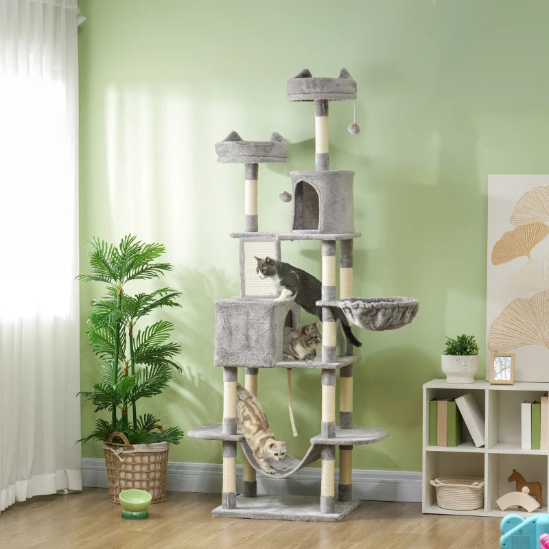 81" Large Cat Tree w/ Scratching Posts, Condos, Beds, Hammocks, Jumping Platforms, Toy Balls, Rope Cat Toy, Light Grey