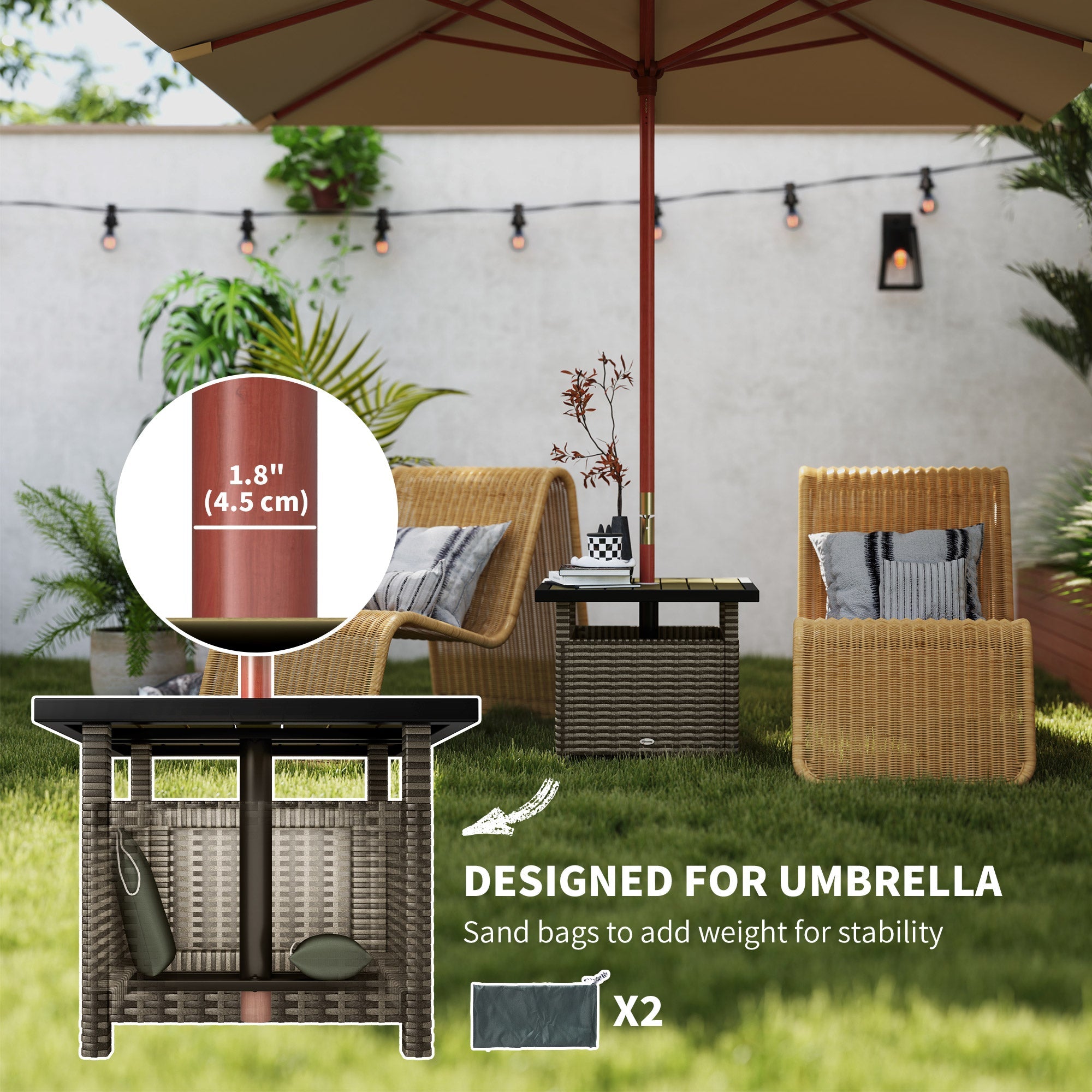 Outsunny 22" Square Steel PE Rattan Wicker Table With Umbrella Hole, Outdoor Patio Accent Dining Side Table Used as Umbrella Stand, Mixed-Grey 