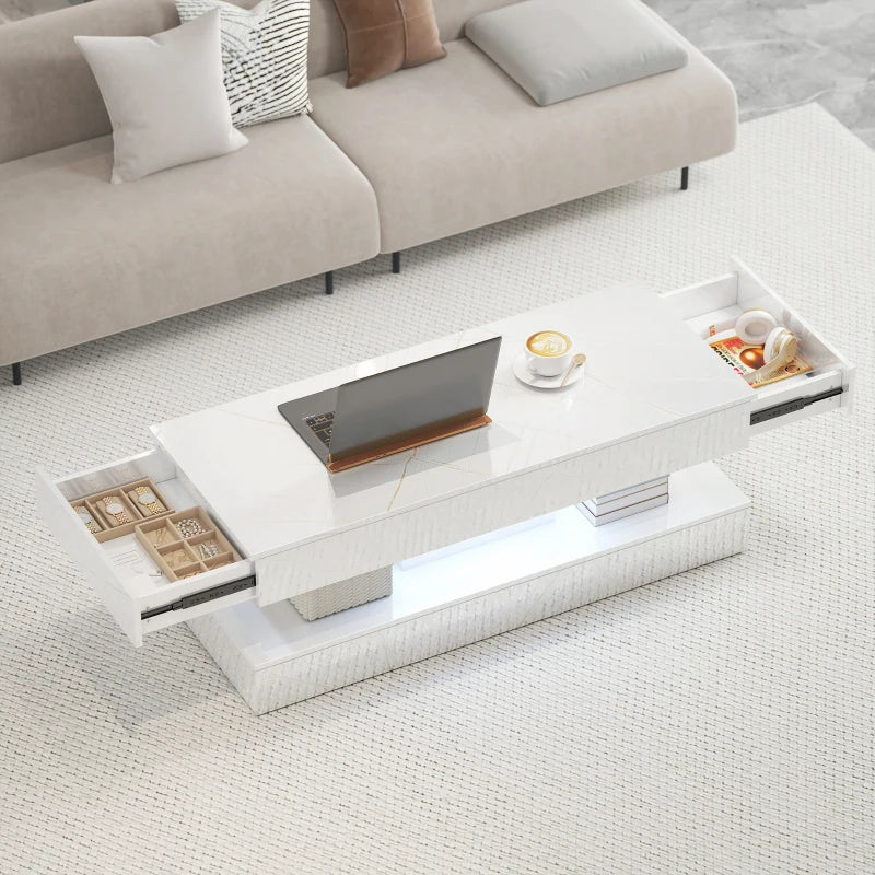 Coffee Table with Adjustable LED Lights, Center Table with 2 Drawers, Open Shelf, Remote, High Gloss Marble-Effect White