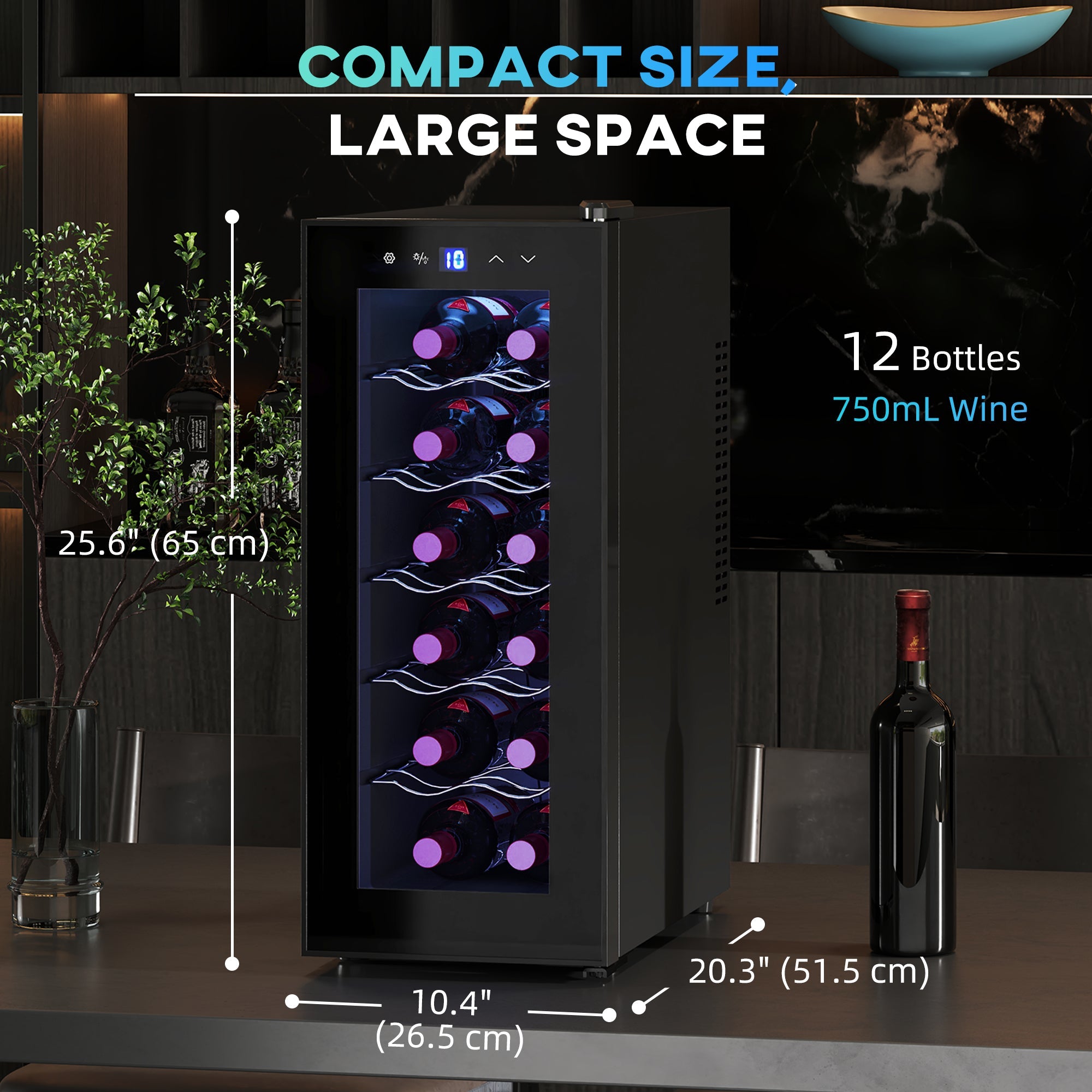 HOMCOM Wine Fridge, 12 Bottle, Under Counter Drinks Beer Wine Cooler with Glass Door, LED Light, Temperature Control 