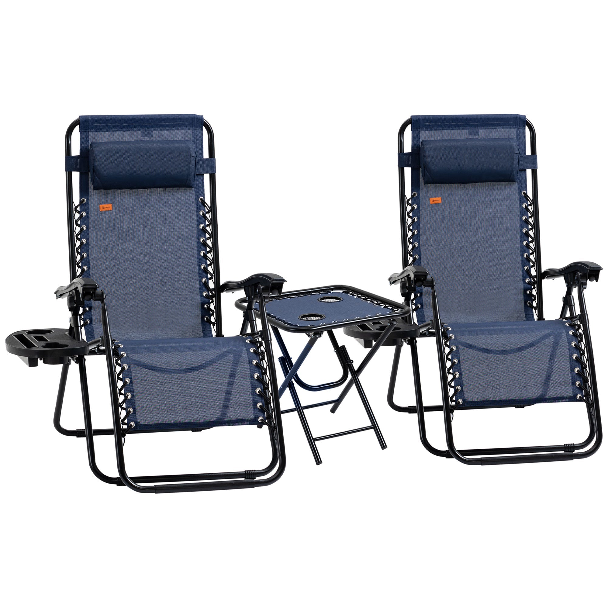 Outsunny Zero Gravity Chair Set of 2 Patio Chair with Side Table Cupholders and Pillows for Pool, Backyard, Lawn, Beach, Blue 