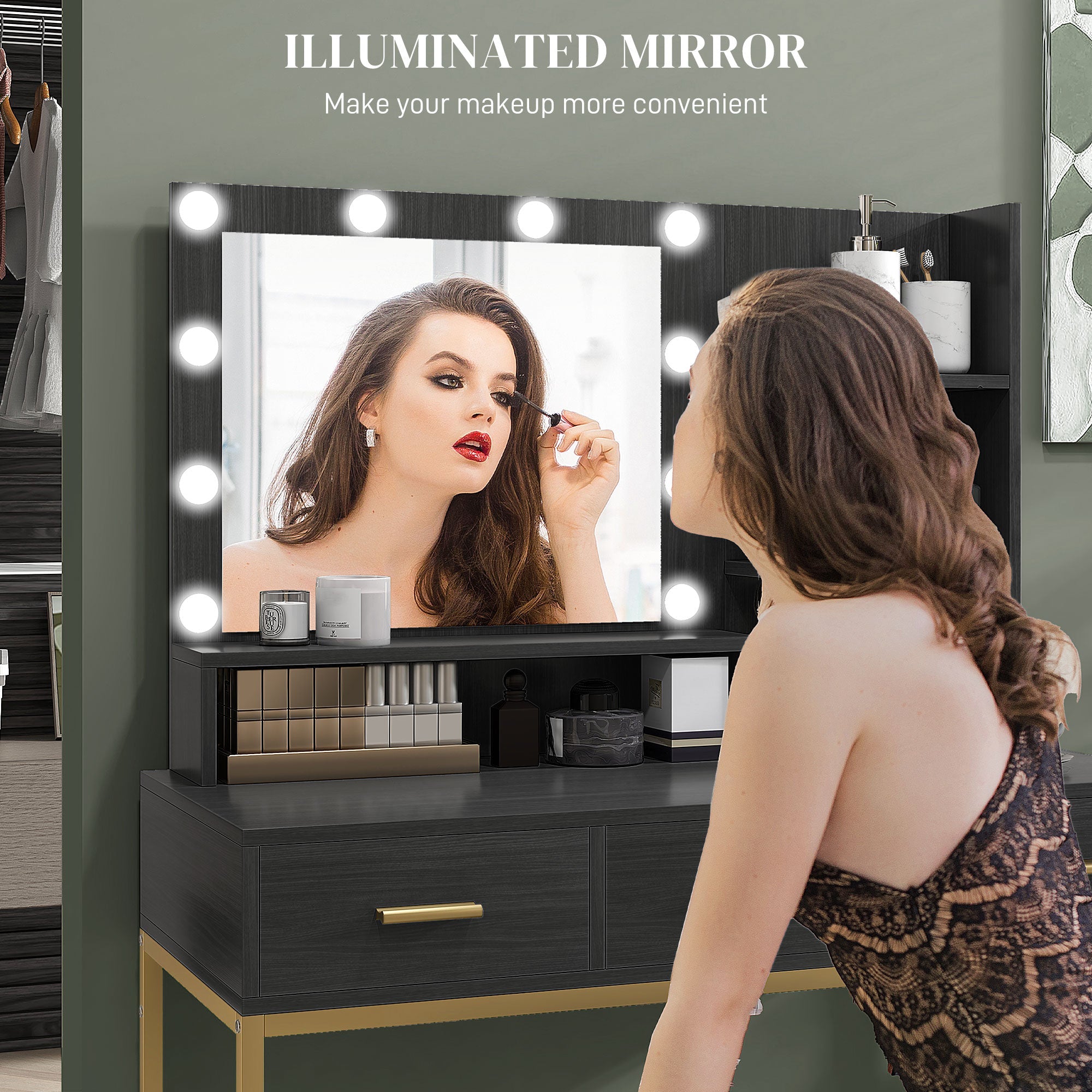HOMCOM Illuminated Dressing Table, LED Vanity Table with Mirror, 3 Drawers and Storage Shelves for Bedroom, Black 