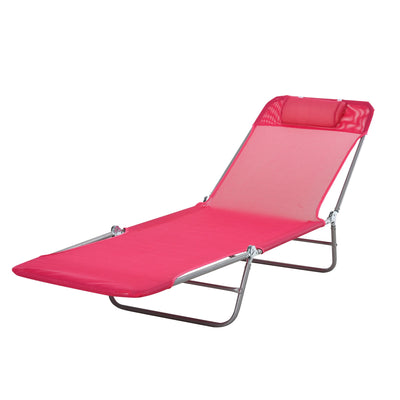 Outsunny Outdoor Lounge Chair, Portable Reclining Seat, Folding Chaise Lounge, Tanning Chair Bed with Pillow, Pink 