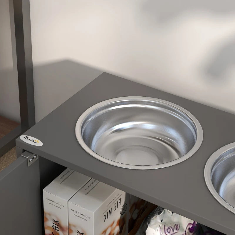 Elevated Dog Bowls for Large Dogs Pet Feeding Station with Stand, Storage, 2 Stainless Steel Food and Water Bowls, Grey