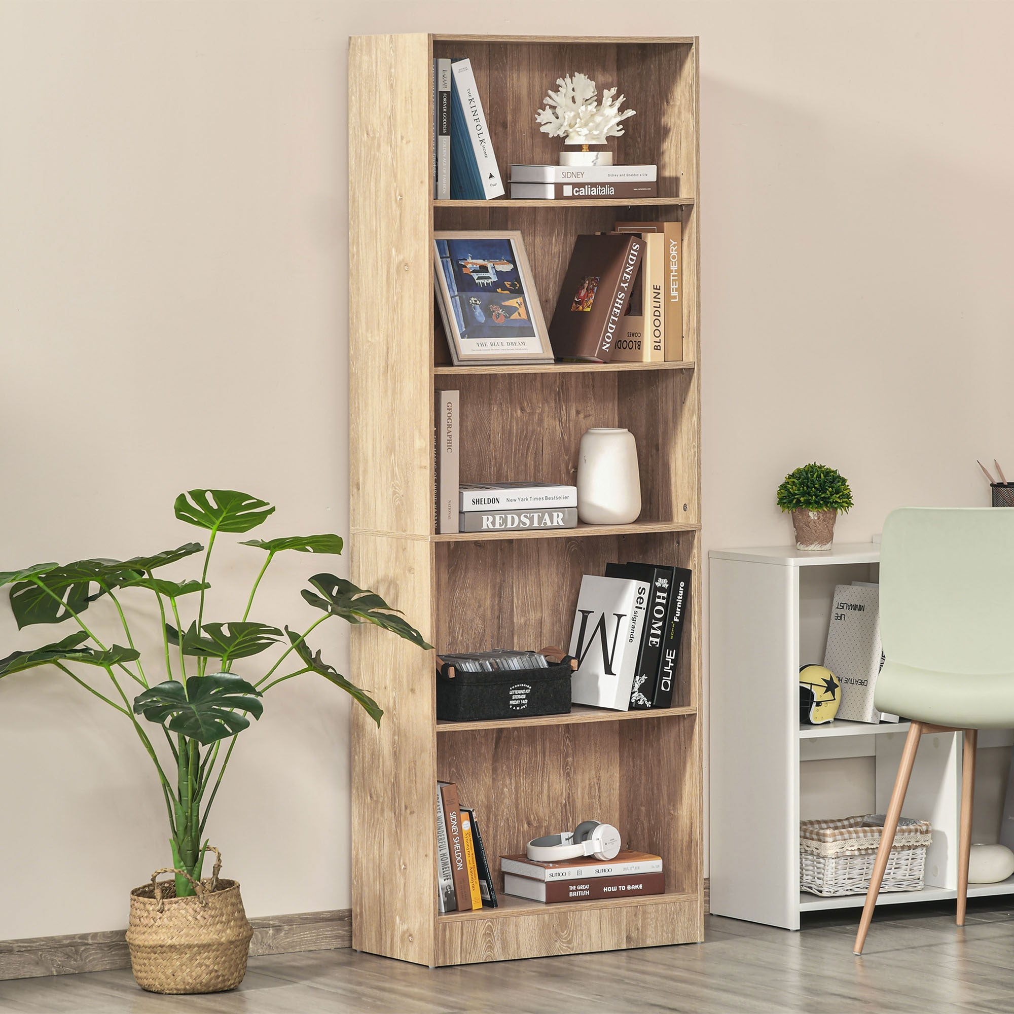 HOMCOM 5-Tier Bookcase: Adjustable Shelves Display Unit for Living Room/Office, Natural Wood 