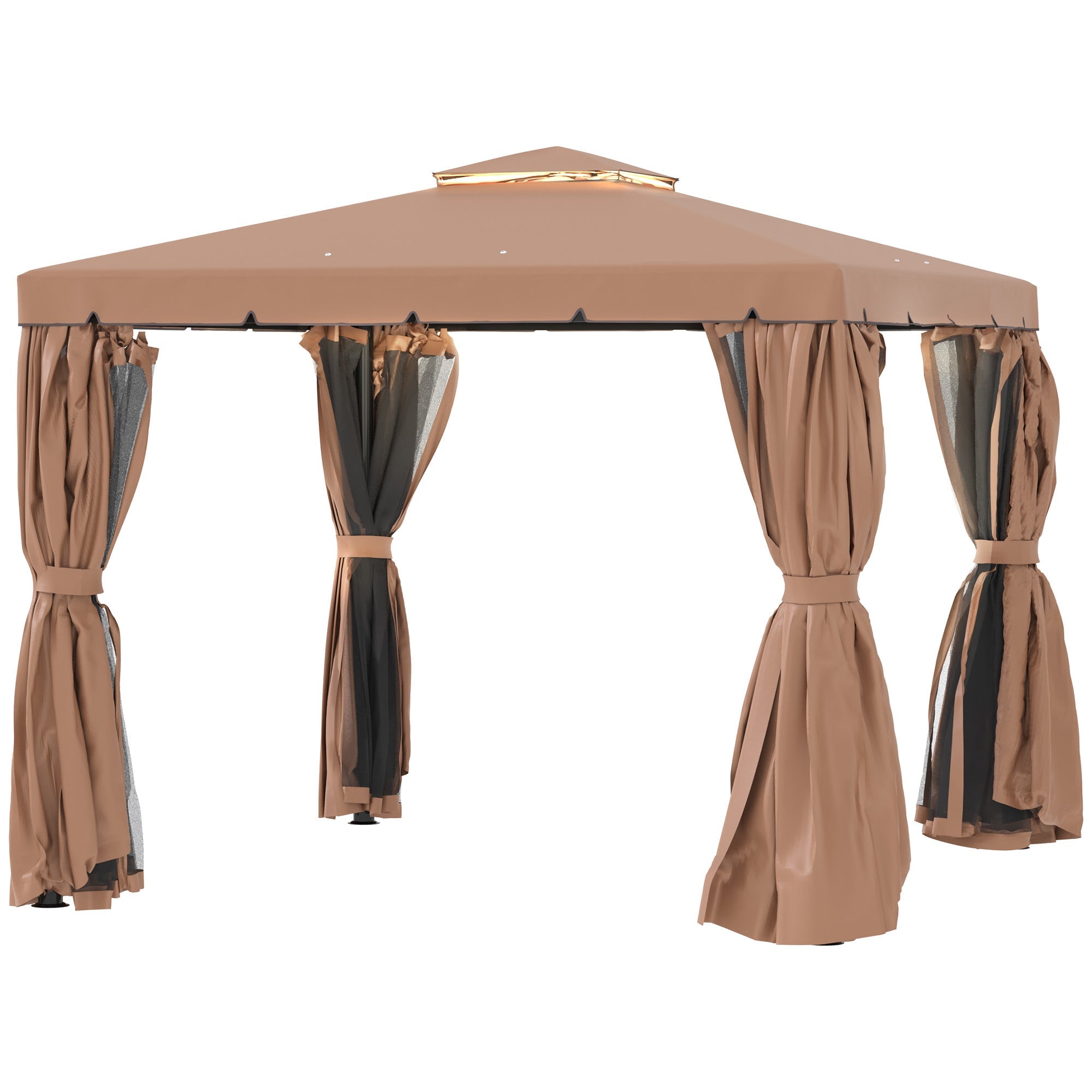 Outsunny 10' x 10' Outdoor Patio Gazebo Double Soft-top Garden Shelter Tent with Curtains, & Mesh Screen Drapes, Brown 