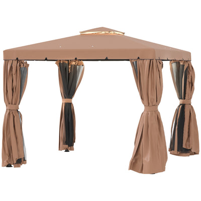 Outsunny 10' x 10' Outdoor Patio Gazebo Double Soft-top Garden Shelter Tent with Curtains, & Mesh Screen Drapes, Brown 