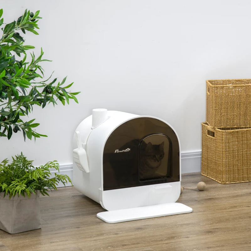 Cat Litter Box with Lid, Removable Tray, Scoop, Filter, White