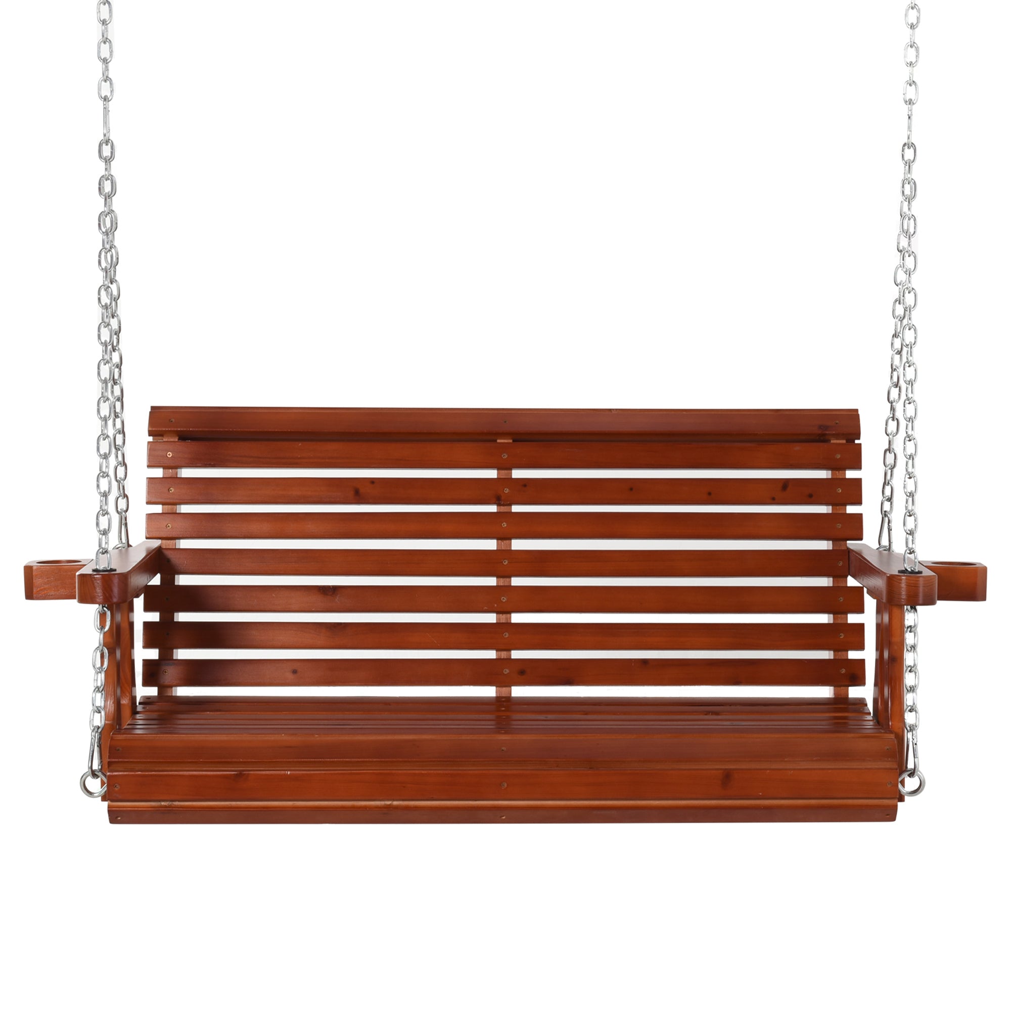 Outsunny Wooden Patio Swing Chair 2 Seater Porch Swing with Cup Holder Chains Outdoor Bench for Garden Yard Brown 