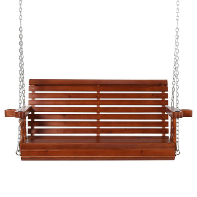 Outsunny Wooden Patio Swing Chair 2 Seater Porch Swing with Cup Holder Chains Outdoor Bench for Garden Yard Brown 