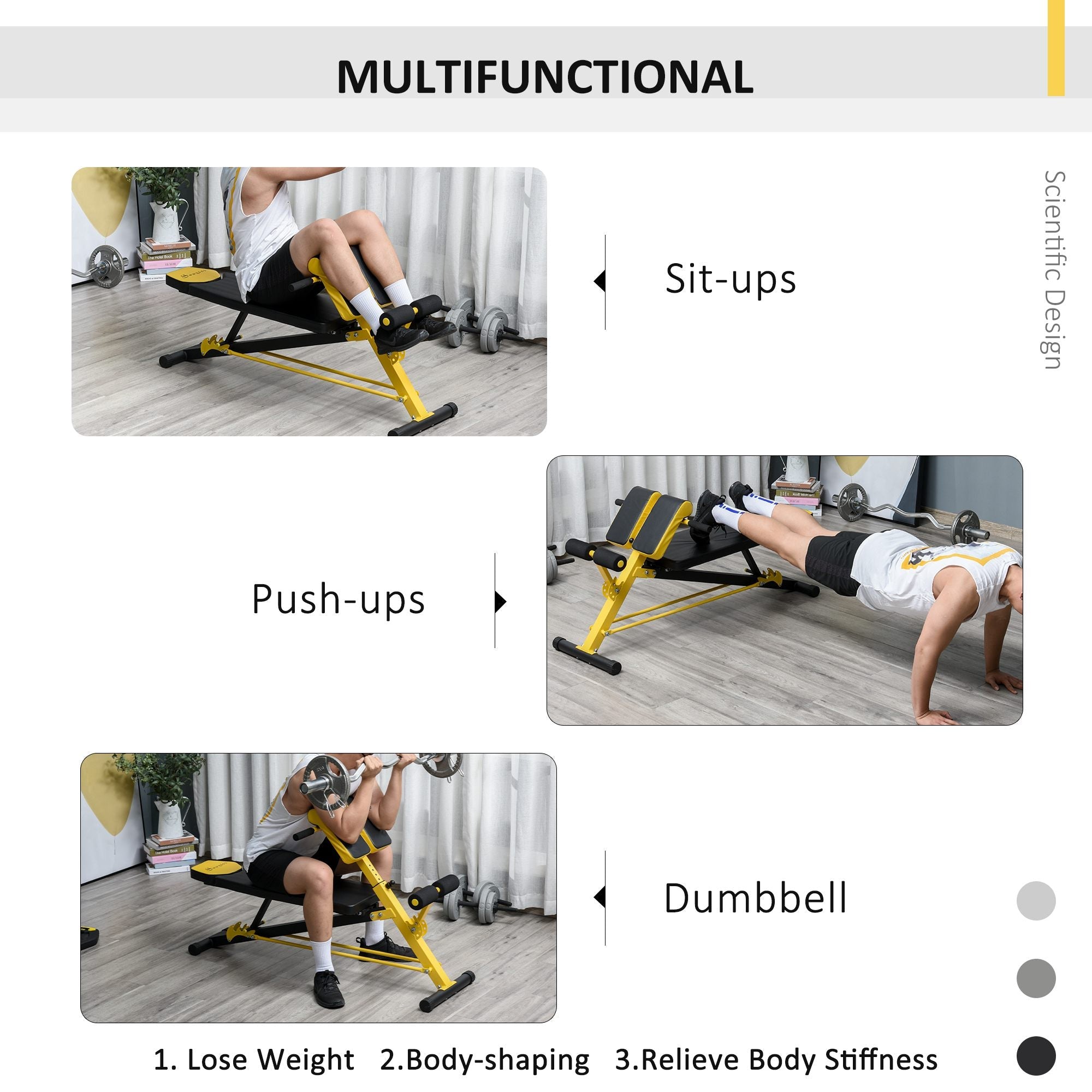 Soozier Multi-Functional Adjustable Hyper Extension Bench Dumbbell Bench Roman Chair Ab Sit up Decline Flat Black and Yellow 