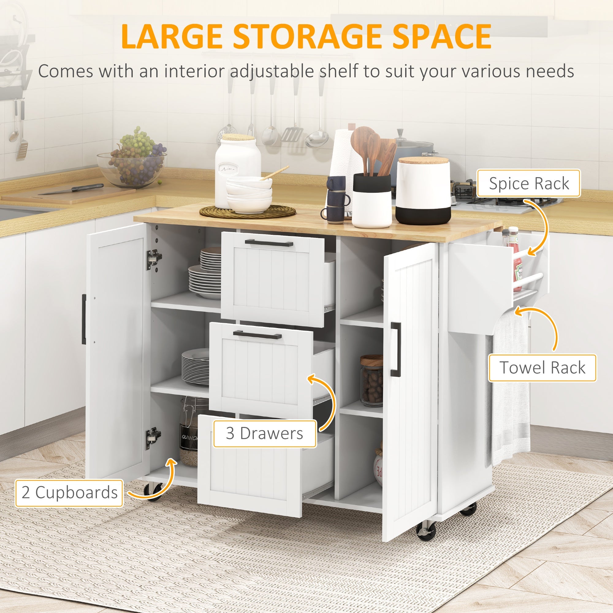 HOMCOM Kitchen Island Cart: On Wheels, Drop Leaf, 3 Drawers, Cabinets, Natural Wood Top, White 