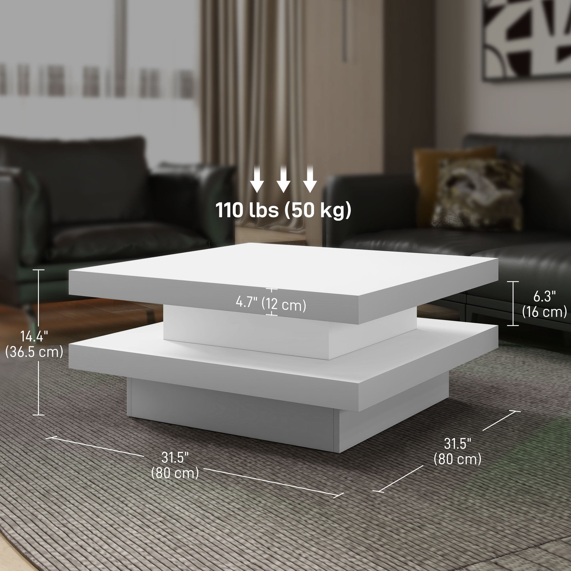 HOMCOM Square Coffee Table with 7 LED Lights and Remote, 2-Tier Modern Center Table for Living Room, White 