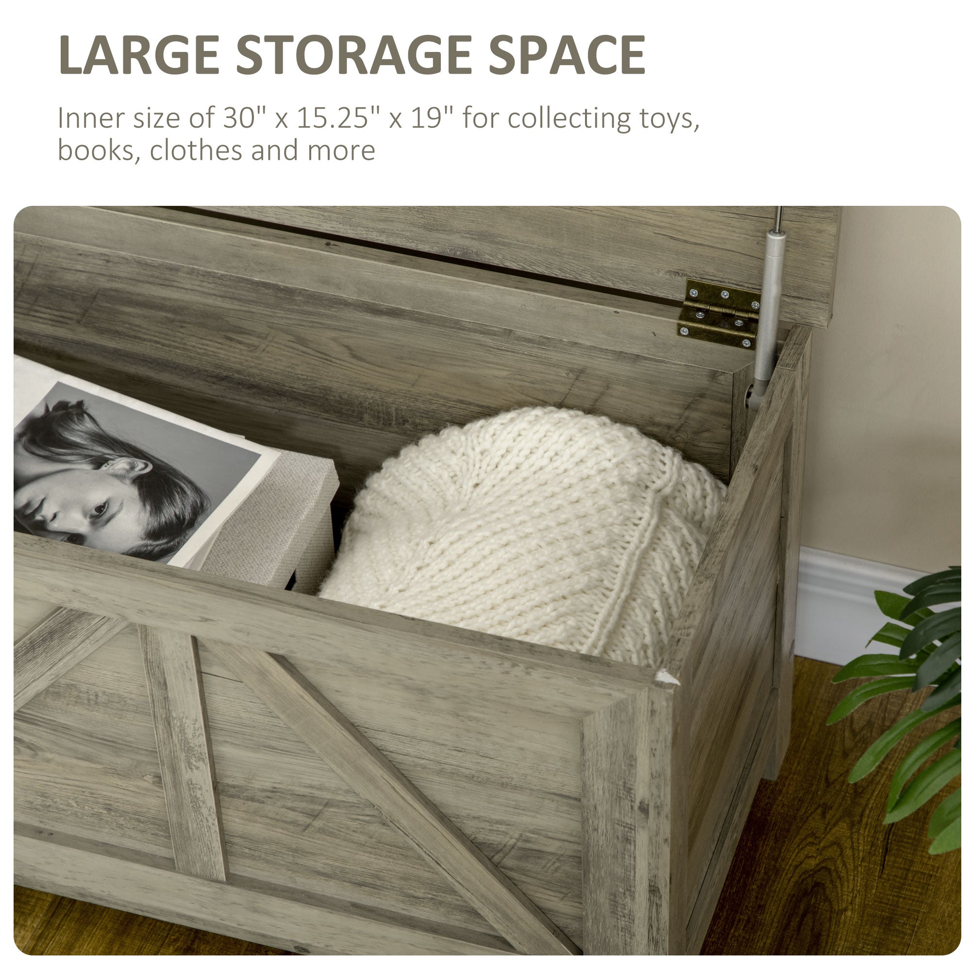 HOMCOM Storage Trunk Box Organizer with Farmhouse Panel, Safety Hinge to Open Up 100°, Grey Wood Grain 