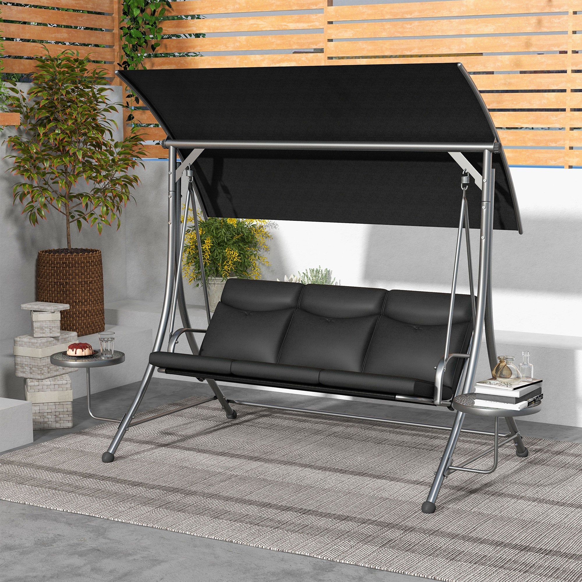 Outsunny 3 Seat Outdoor Swing Bench with Adjustable Canopy Coffee Table Cushions for Patio Garden Black 