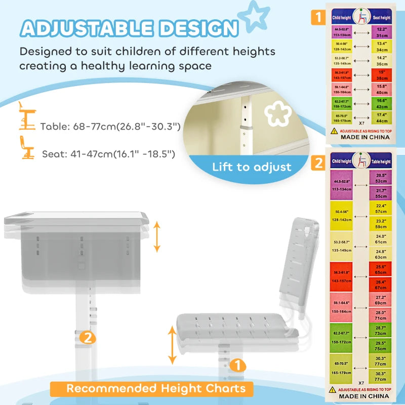 Qaba Kids Desk and Chair Set, Height Adjustable Children Study Desk and Chair with Drawer, Study Table for Bedroom, Grey