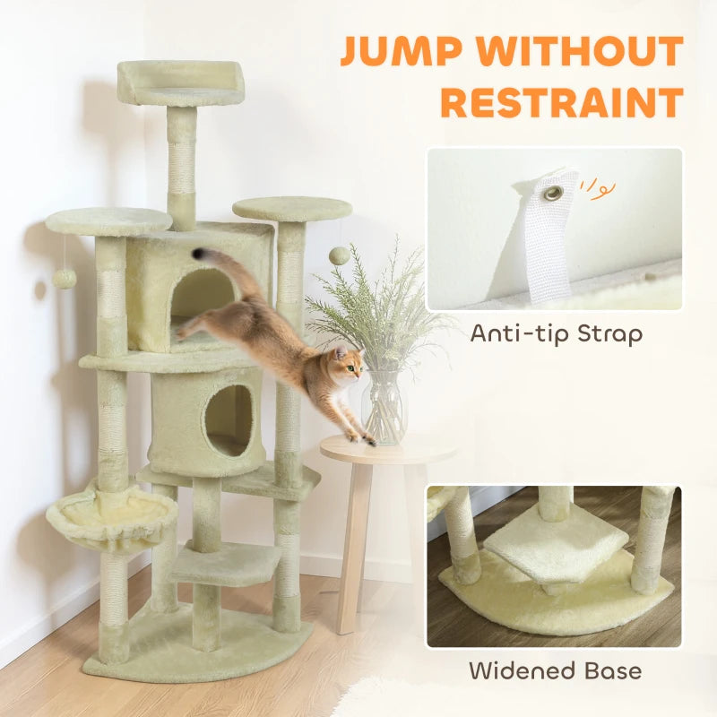 62" Cat Tree with Scratching Post, 2 Condos, Hammock, Perches, Plush, Pompoms, for Indoor Cats, Beige